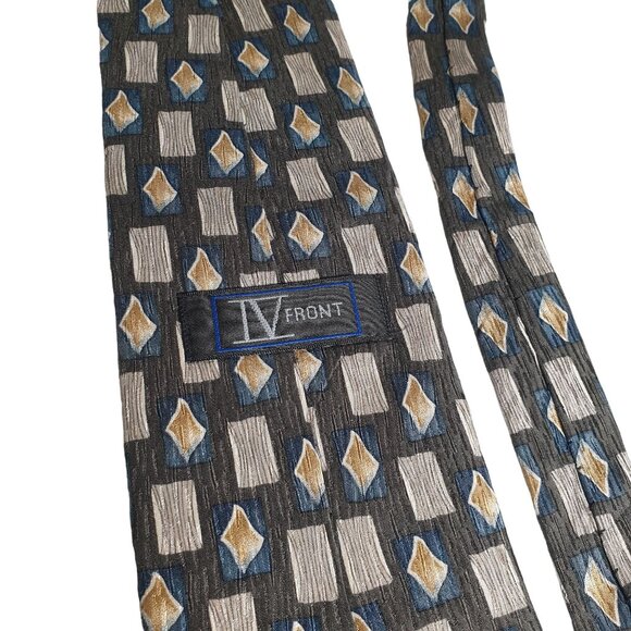 Vintage IV Front Geometric Pattern Imported Silk Tie Designer Olive Green Brown - Picture 2 of 6